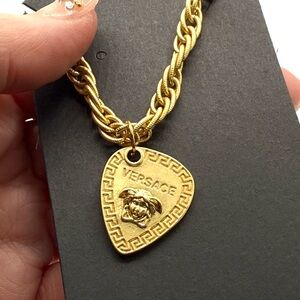Upcycled Versace Guitar Pick Pendant Necklace - Authentic, Stamped - Gold